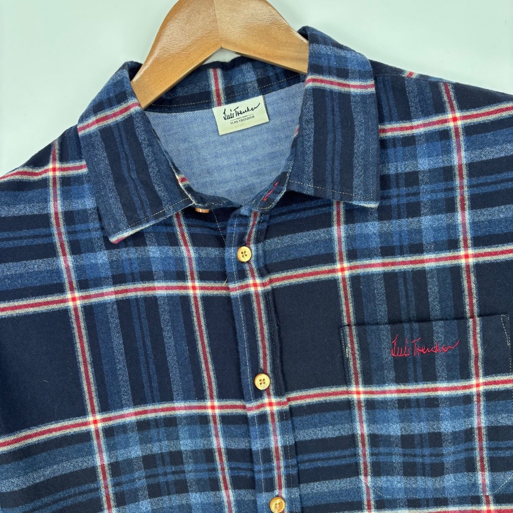 Luis Trenker Plaid Flannel Shirt Mens XL Navy Blue Cotton Long Sleeve Alpine
